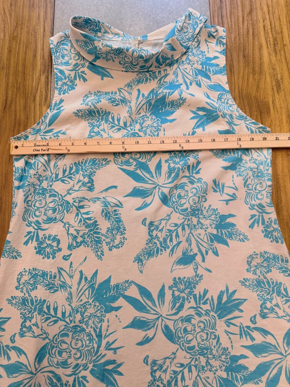 Luisa Perla Blue White Floral Linen Blend Shift Dress Sleeveless Cowl Neck Large - Picture 7 of 11